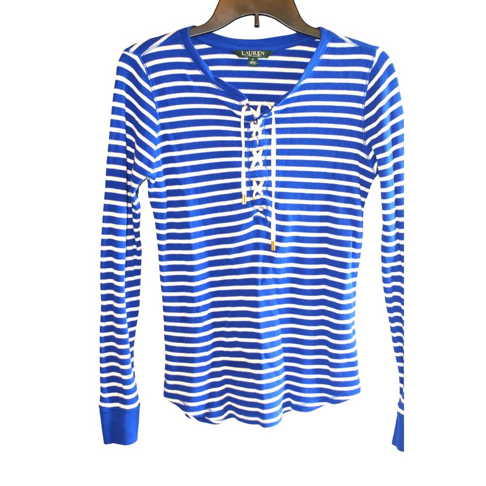 Ralph Lauren Women's Royal Blue & White Striped Waffle Knit Lace Up Sweater
